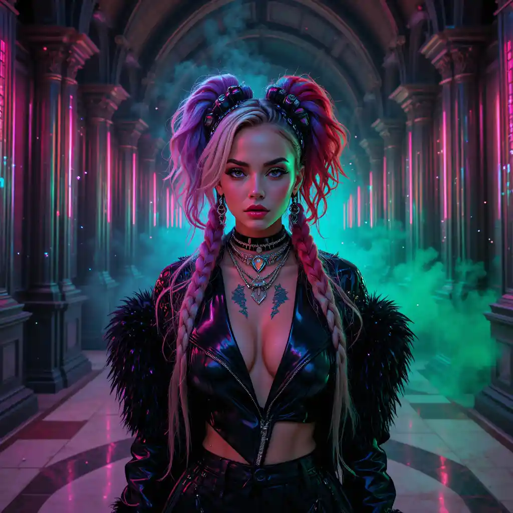 Cyberpunk fashion woman in neon underground nightclub