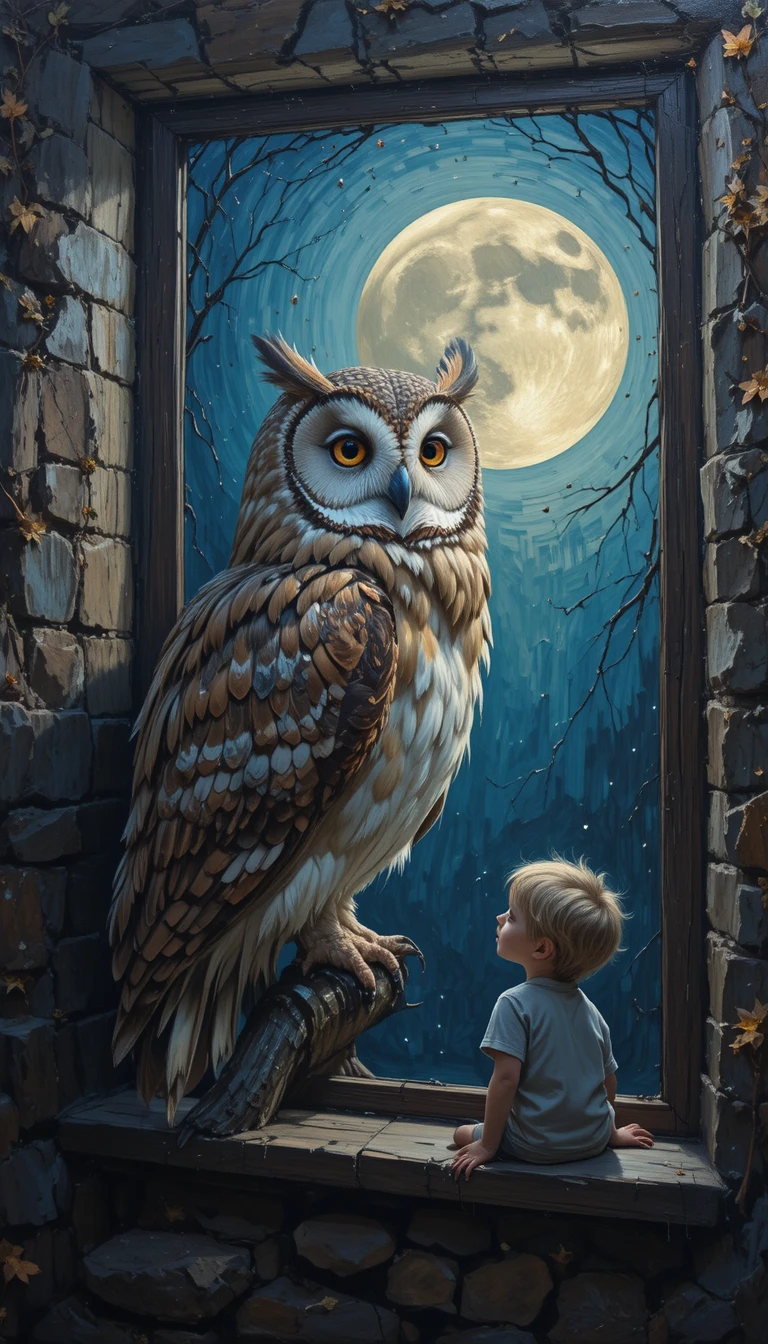 Barn owl watching a sleepy child through a moonlit window