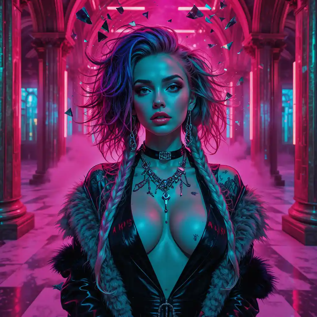 Cyberpunk fashion woman in neon underground nightclub