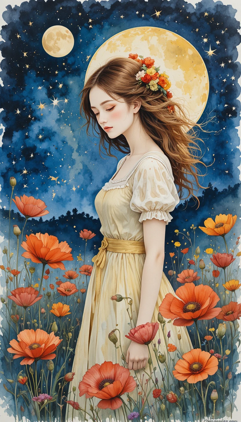 Girl In A Watercolor Field Of Colorful Poppy Flowers