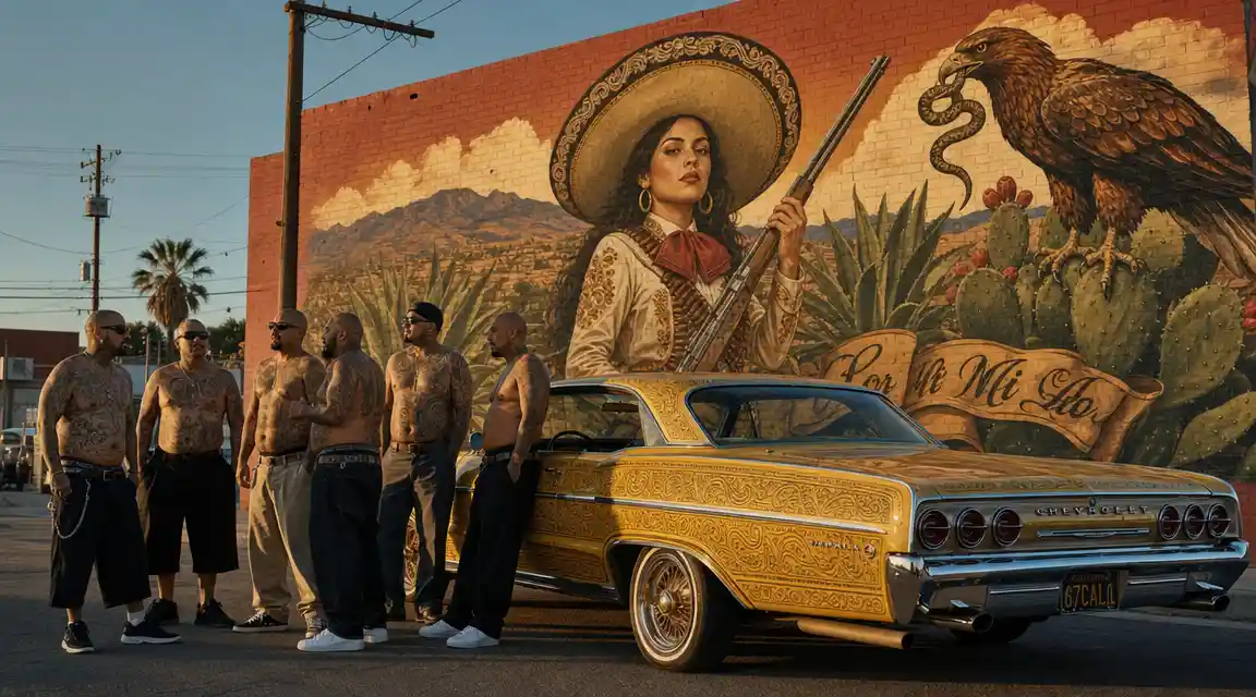 Shirtless Mexican gang standing beside yellow lowrider car