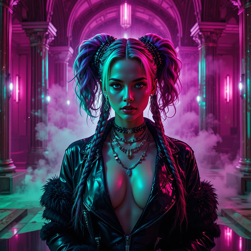 Cyberpunk fashion woman in neon underground nightclub