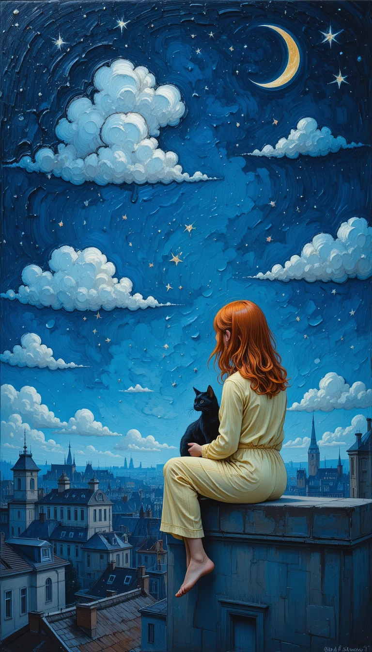 Dreamy red haired girl and black cat on city rooftop