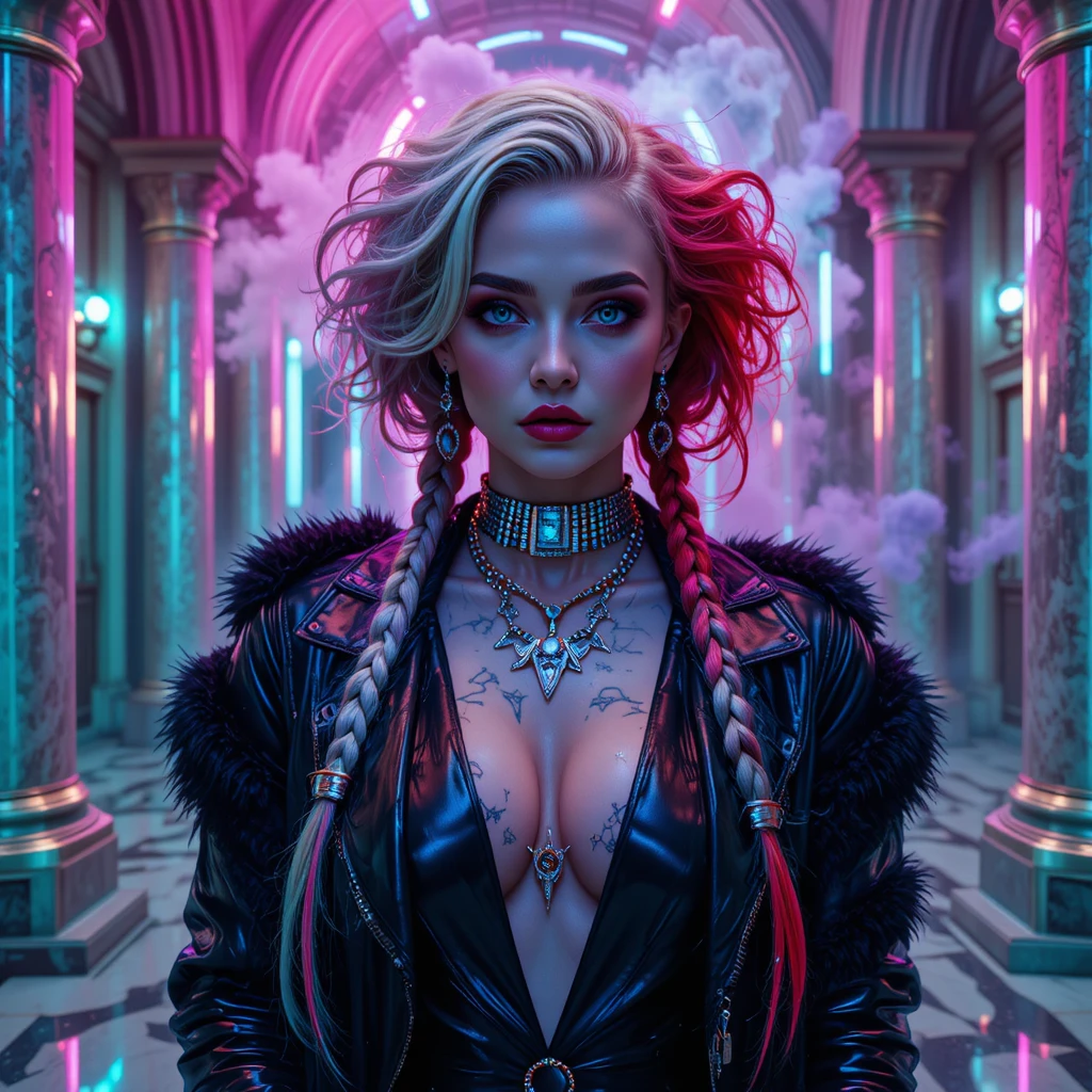 Cyberpunk fashion woman in neon underground cathedral nightclub