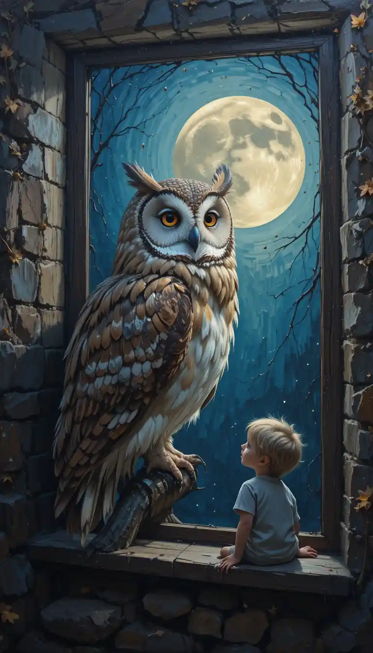 Barn owl watching a sleepy child through a moonlit window