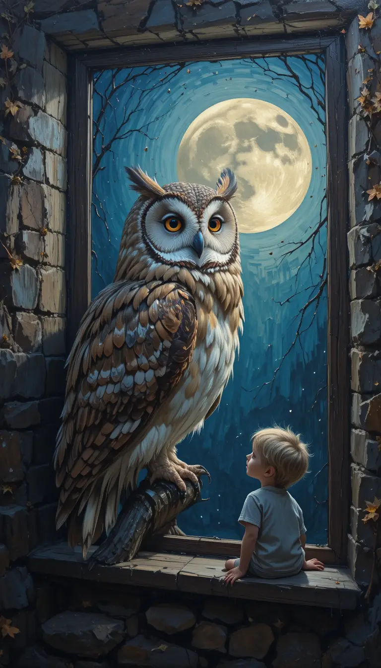 Lechuza común observando a un niño somnoliento a través de una ventana iluminada por la luna
