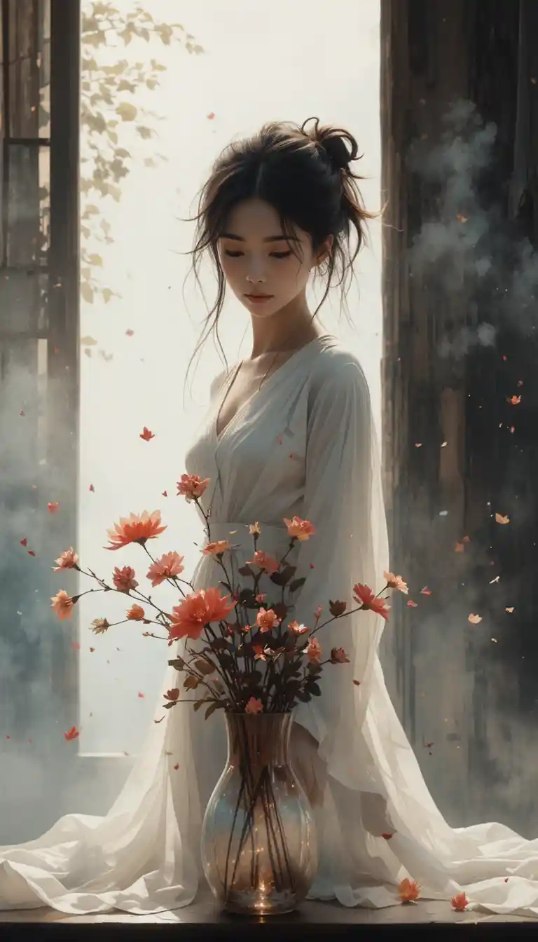 Melancholic watercolor portrait of a girl with red flowers