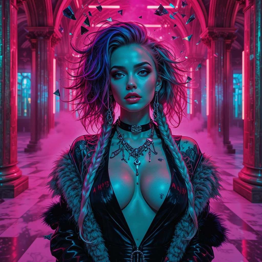 Mujer de moda cyberpunk en club nocturno subterráneo de neón