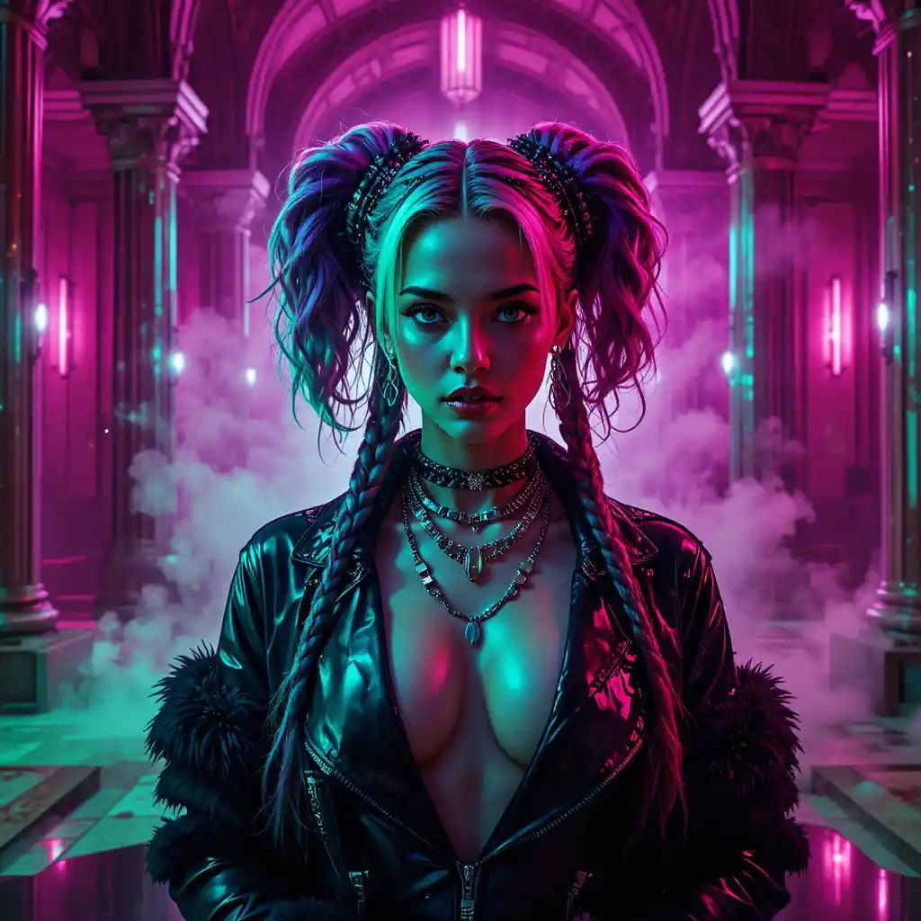 Cyberpunk fashion woman in neon underground nightclub