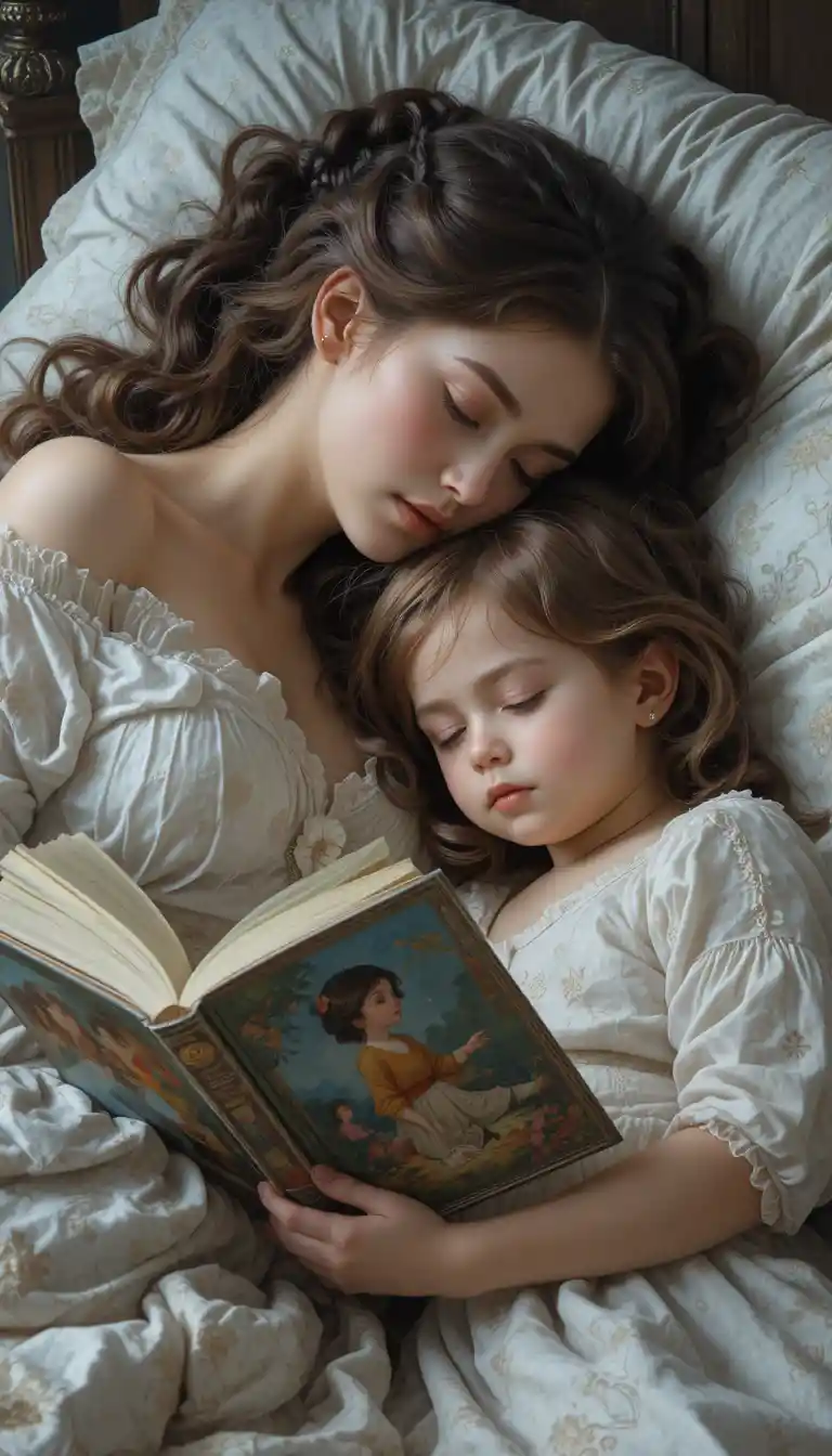 Mother and child reading together in a soft lamplit bedroom