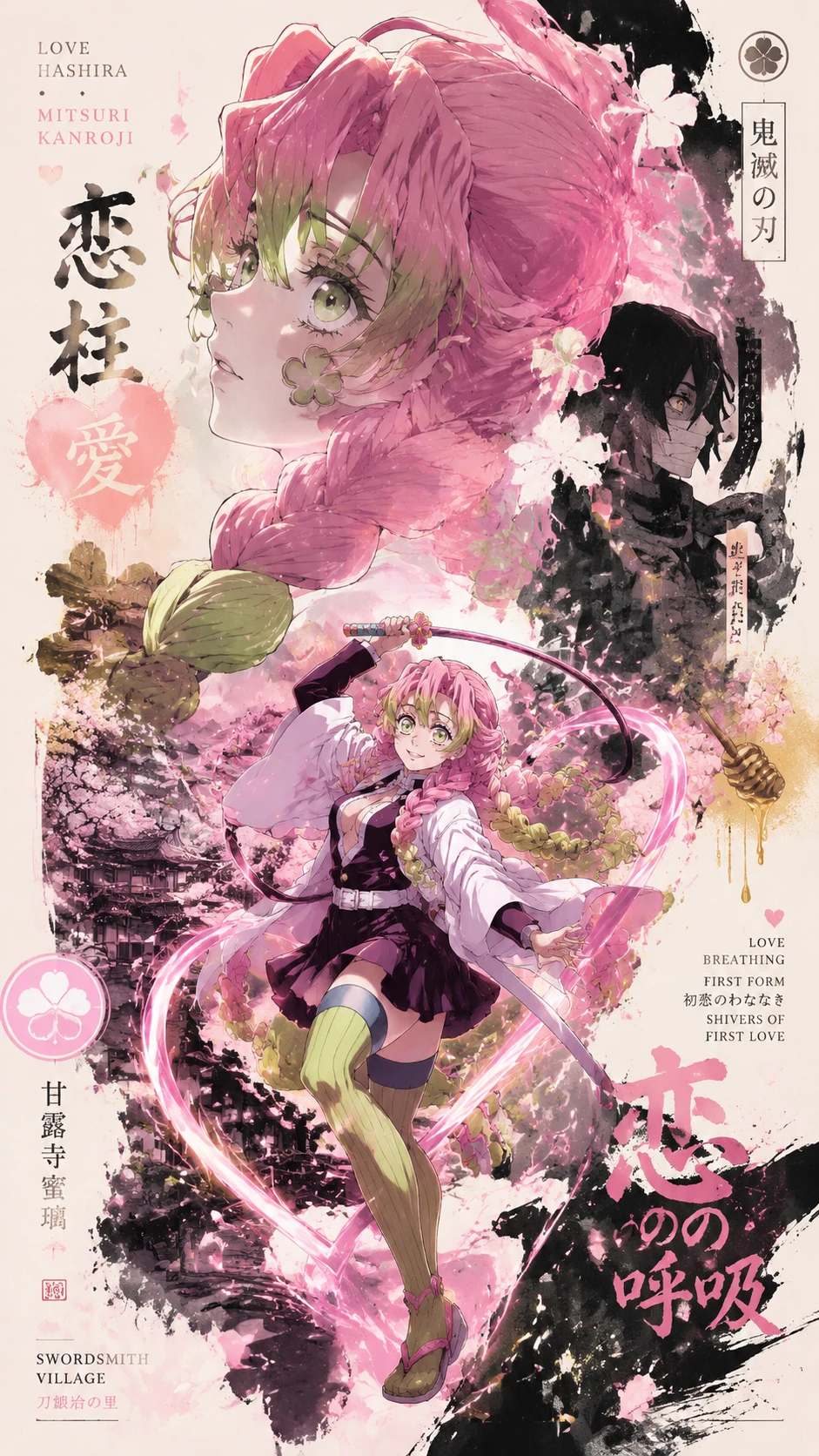 Love themed anime poster with dynamic swordswoman collage