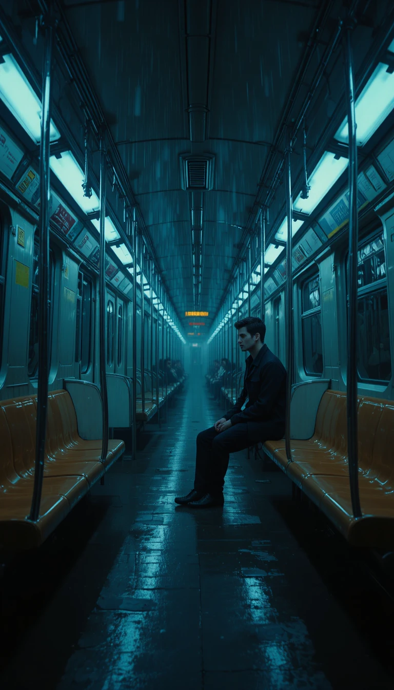 Lonely man in empty New York subway at midnight