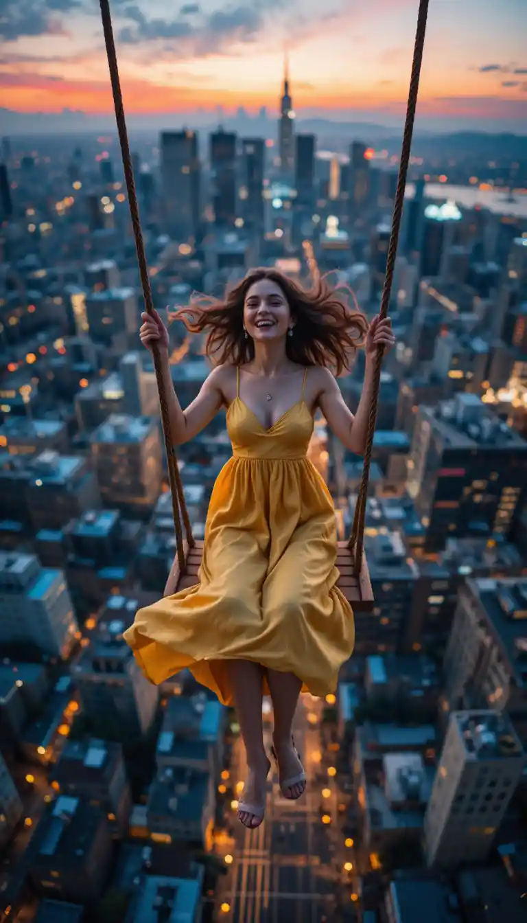 Woman on rope swing above glowing city at dusk