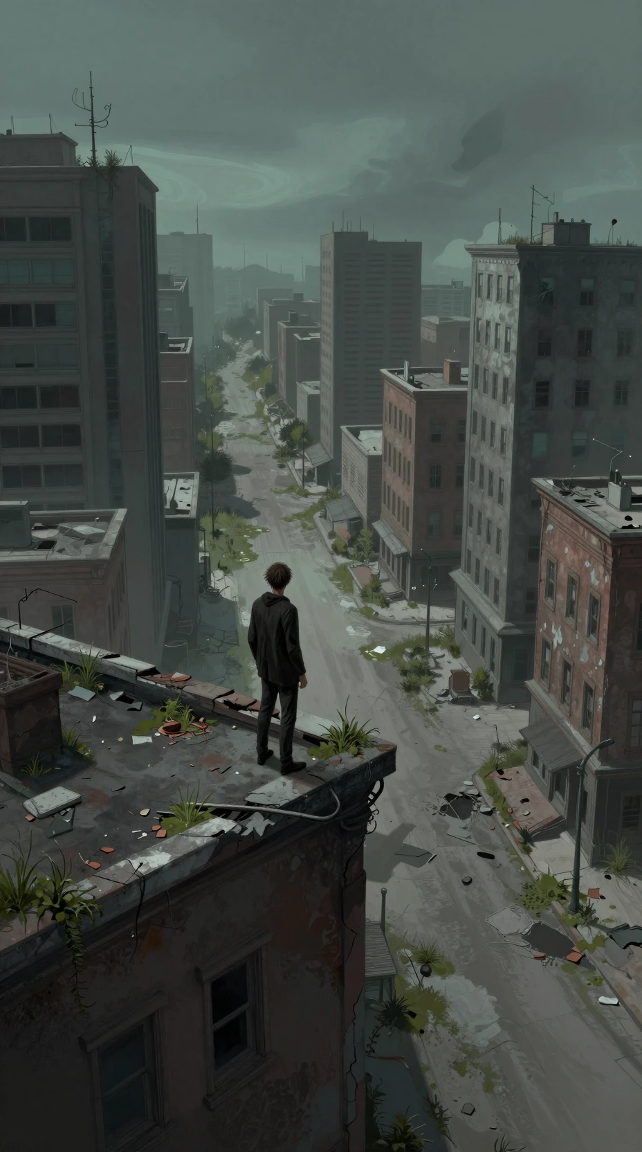 Lone figure on crumbling rooftop above an abandoned city