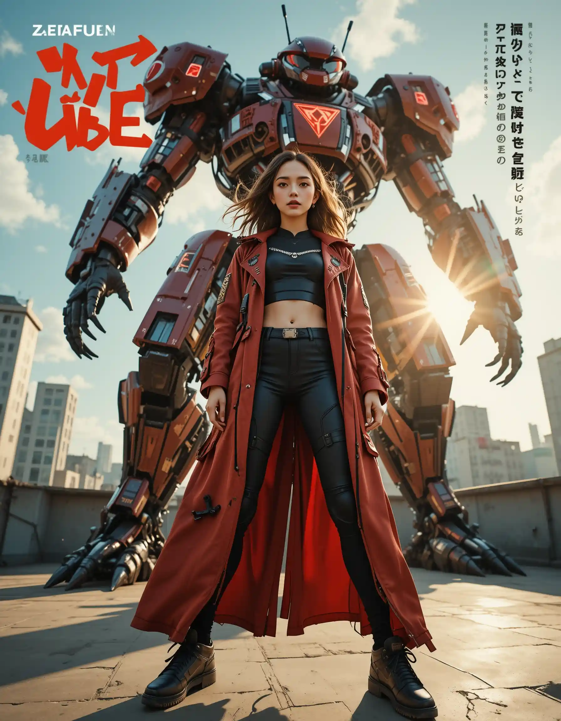 Futuristic woman on rooftop with commanding presence
