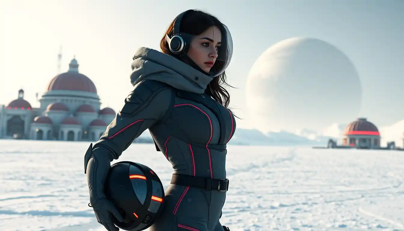 Confident woman on icy moon outside futuristic port city