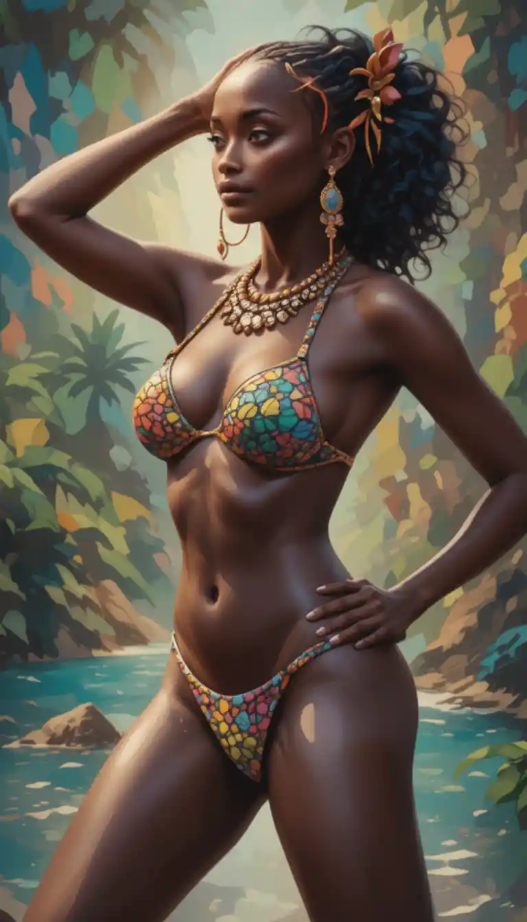 Confident African woman posing in a colorful tropical bikini