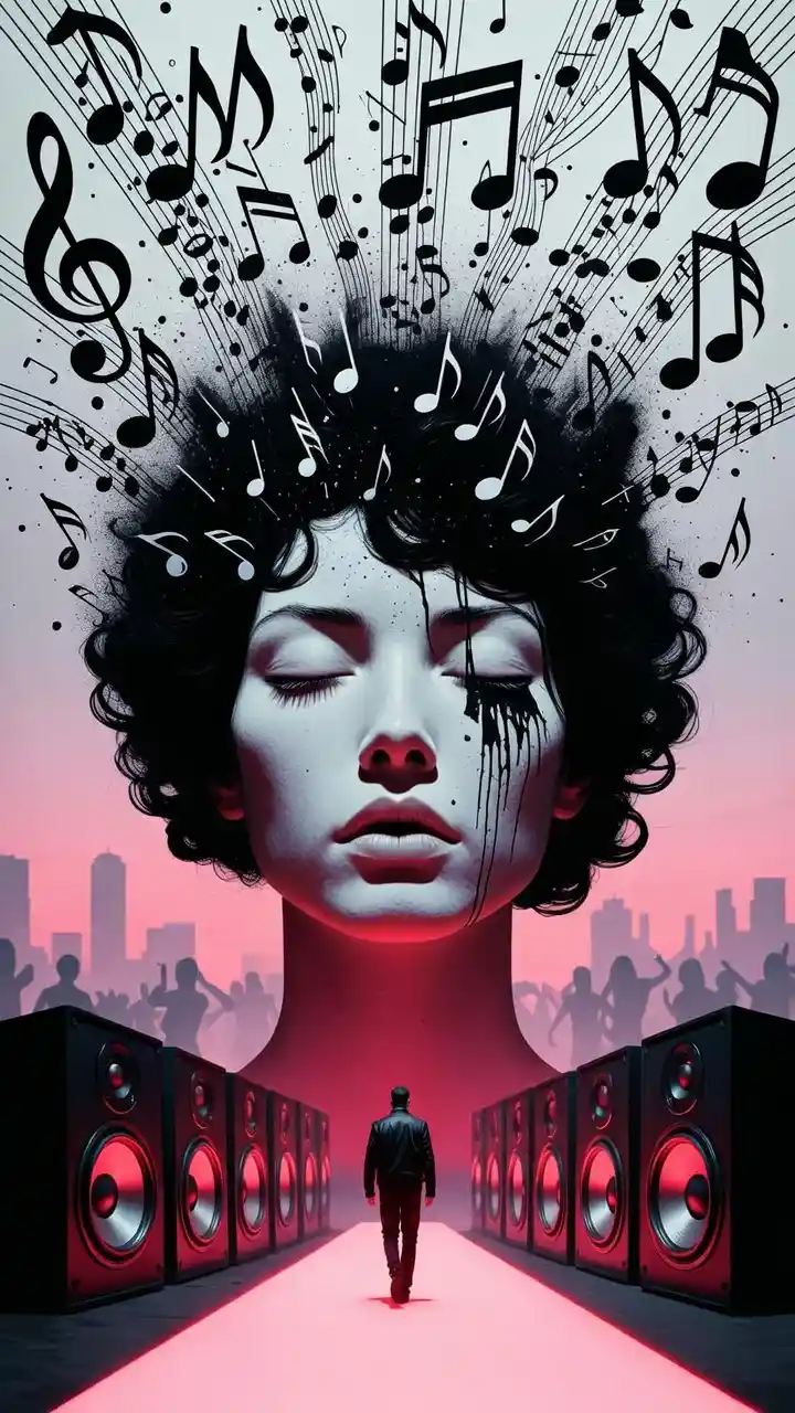 Woman head with musical notes in neon pink trance