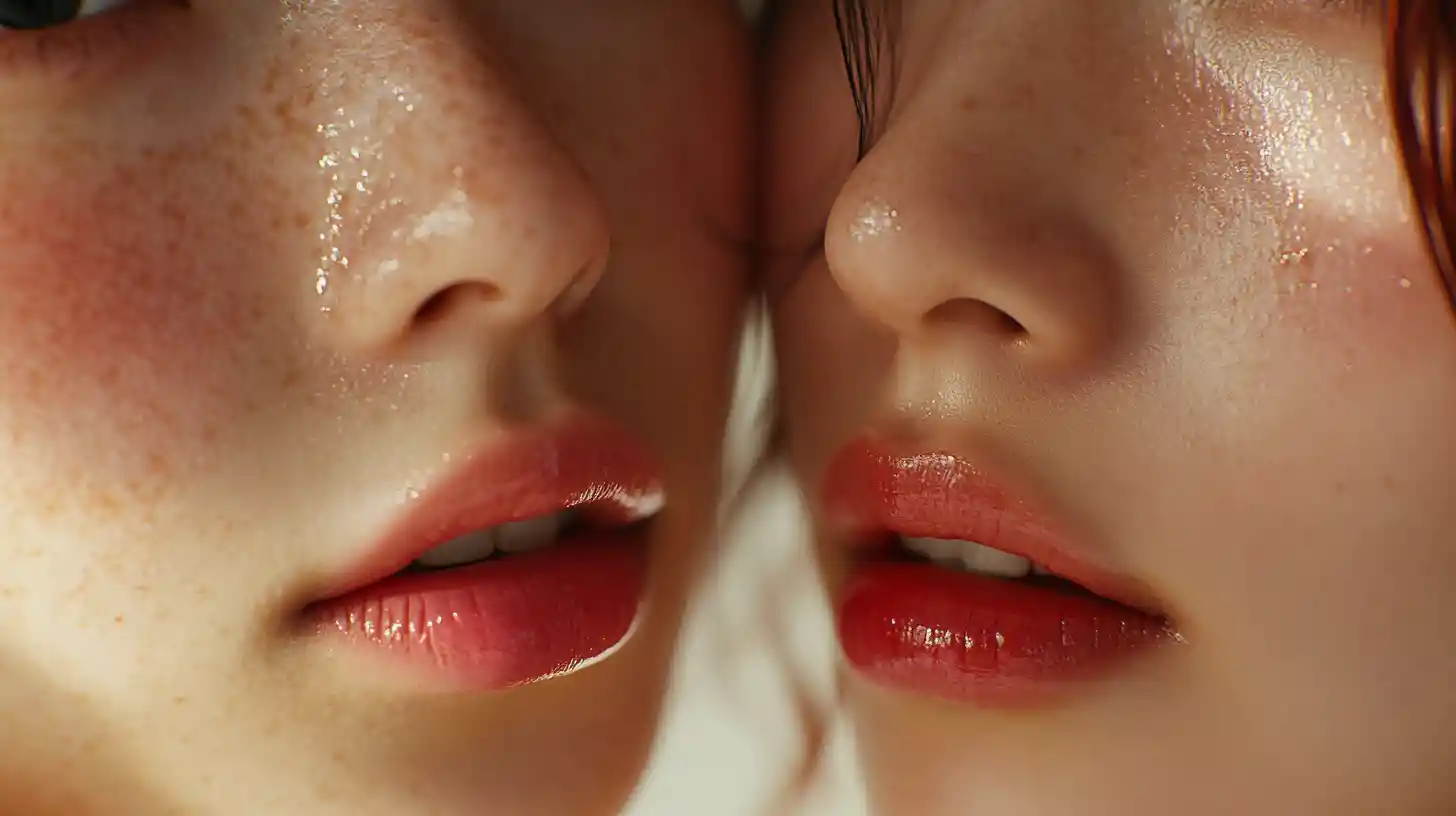 Extreme close up of two Japanese women cheek to cheek