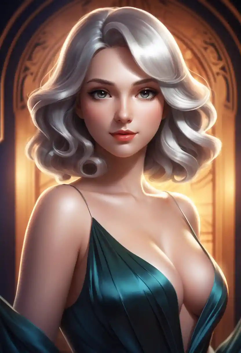 Curvy anime woman with silky hair and soft smile