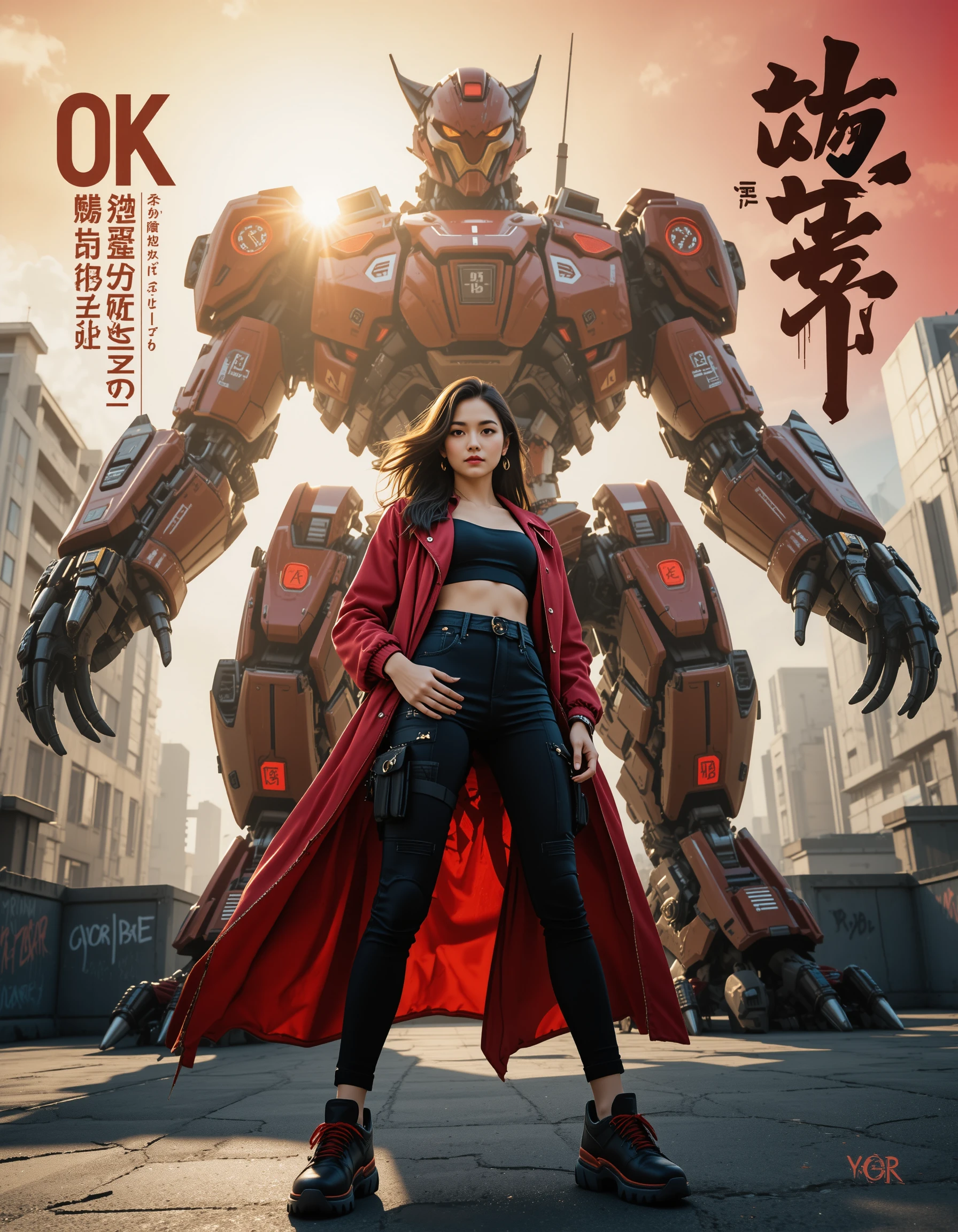 Futuristic woman on rooftop with armored feline mecha