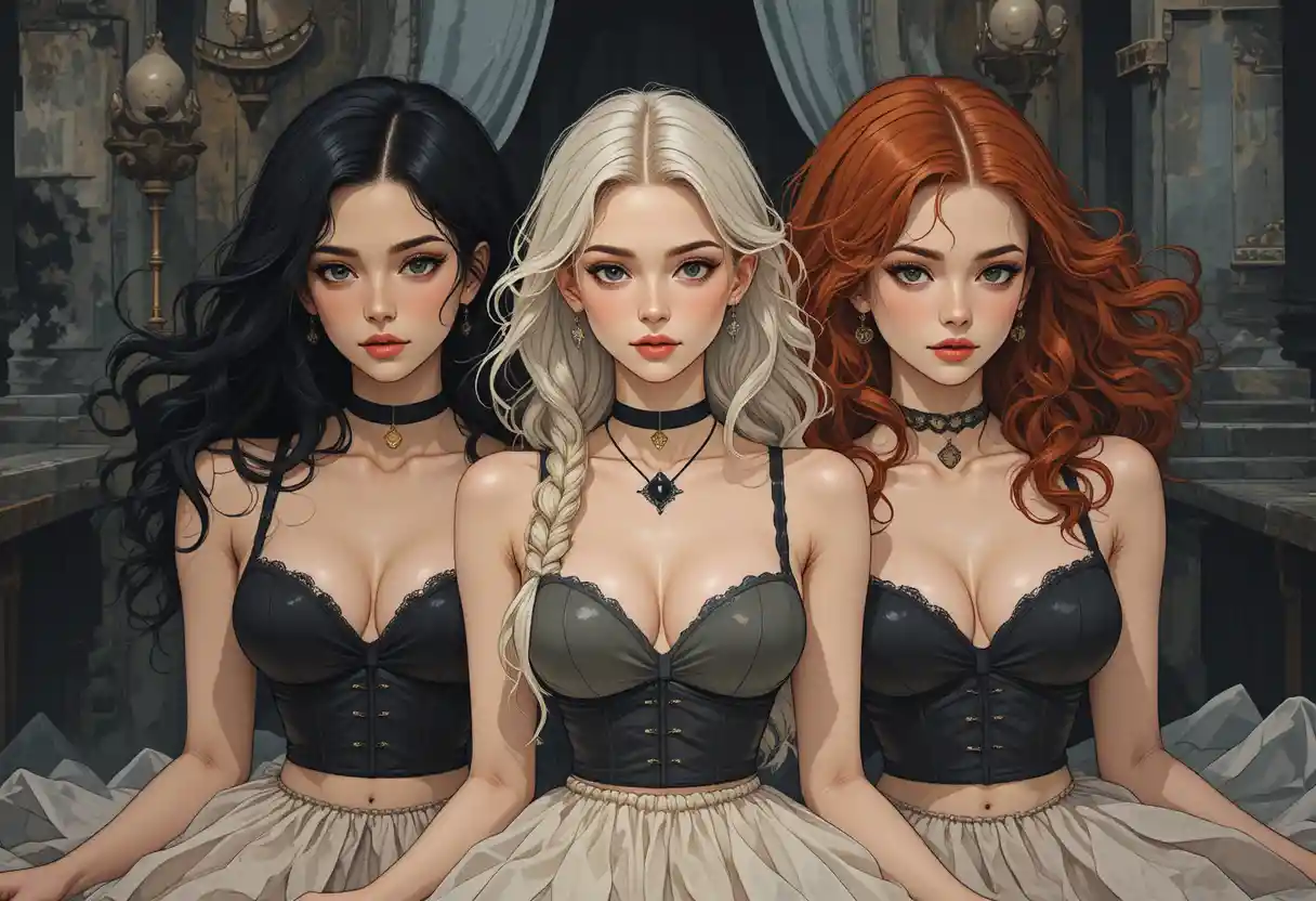 Three young women in abstract dark fantasy illustration
