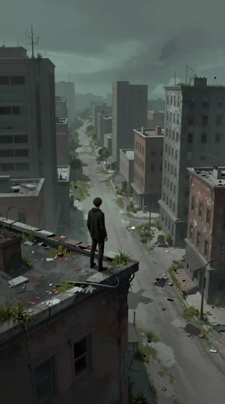 Lone figure on crumbling rooftop above an abandoned city
