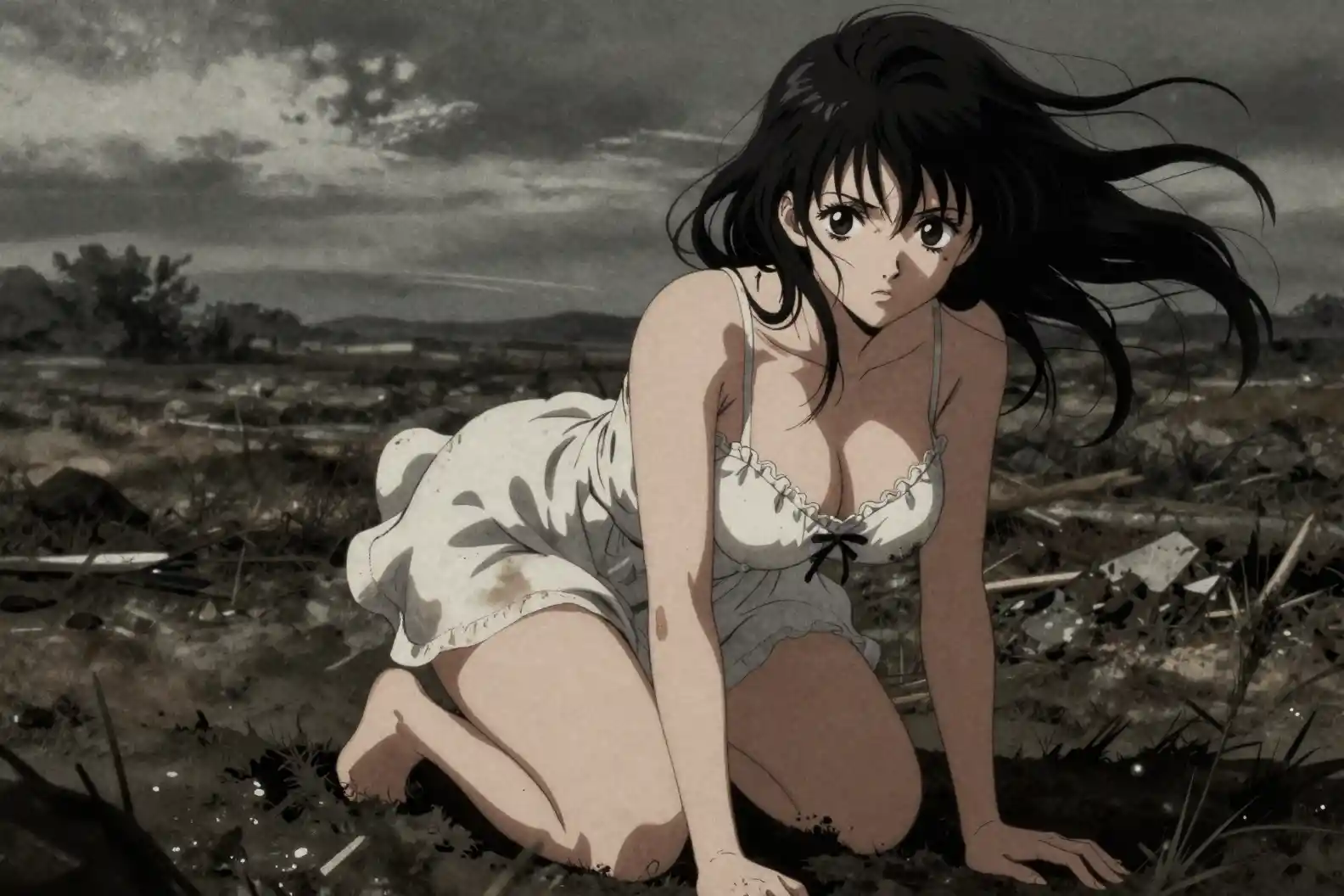 Anime woman in cute dress against gloomy abstract landscape