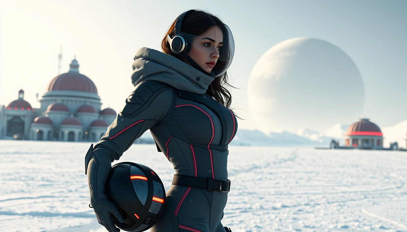 Confident woman on icy moon outside futuristic port city