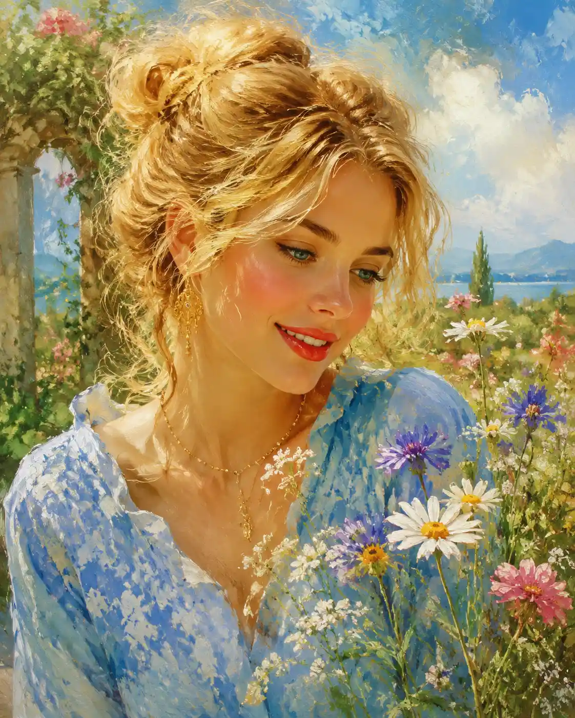 Golden haired girl gazing at wildflowers in a garden
