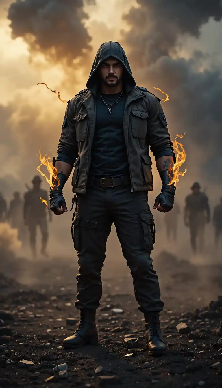 Dark superhero standing on a ruined battlefield with aura