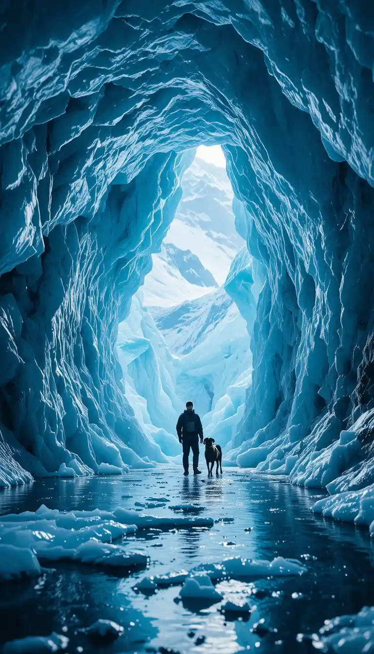 Mann und Hund erkunden leuchtende blaue Gletscher-Eishöhle