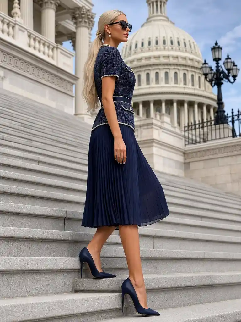 Elegant woman in pumps on stone steps by capitol building