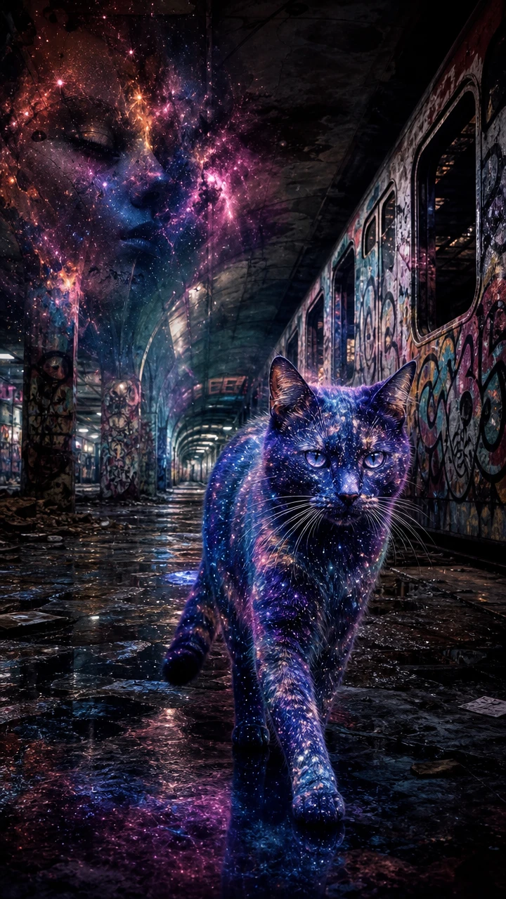 Mystical galaxy fur cat wandering an abandoned subway station