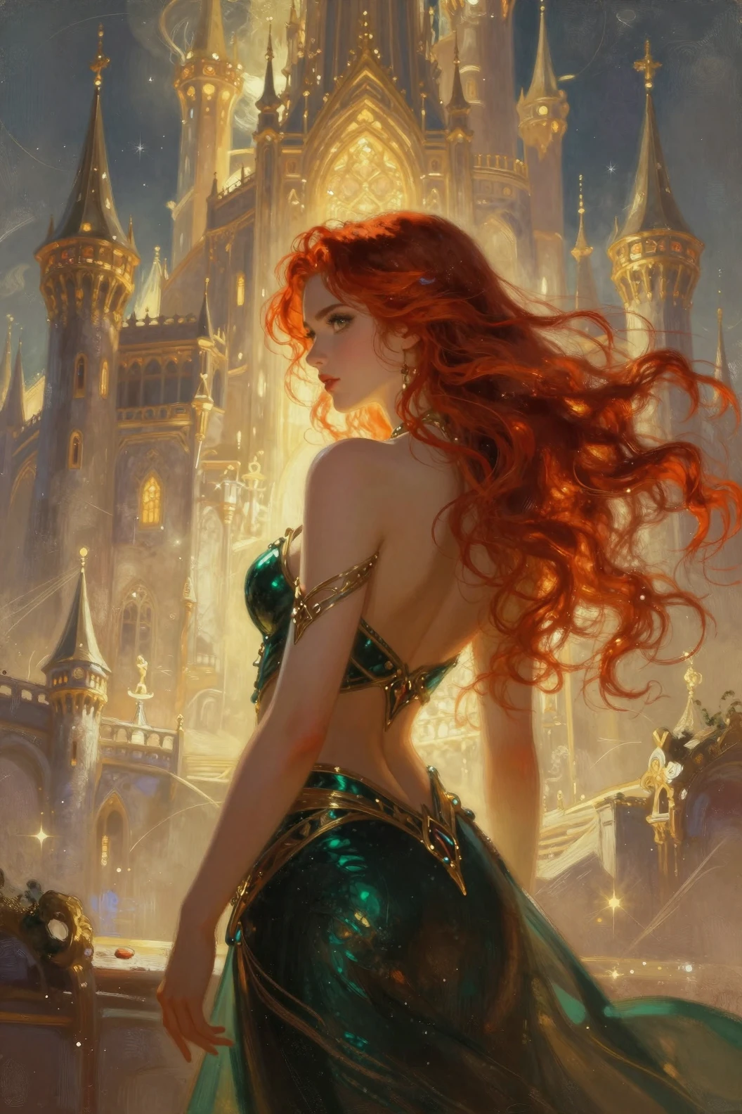 Curvy red haired woman before a glowing fantasy castle