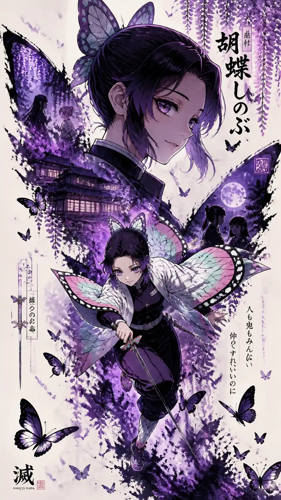 Butterfly themed anime woman in vertical propaganda style poster