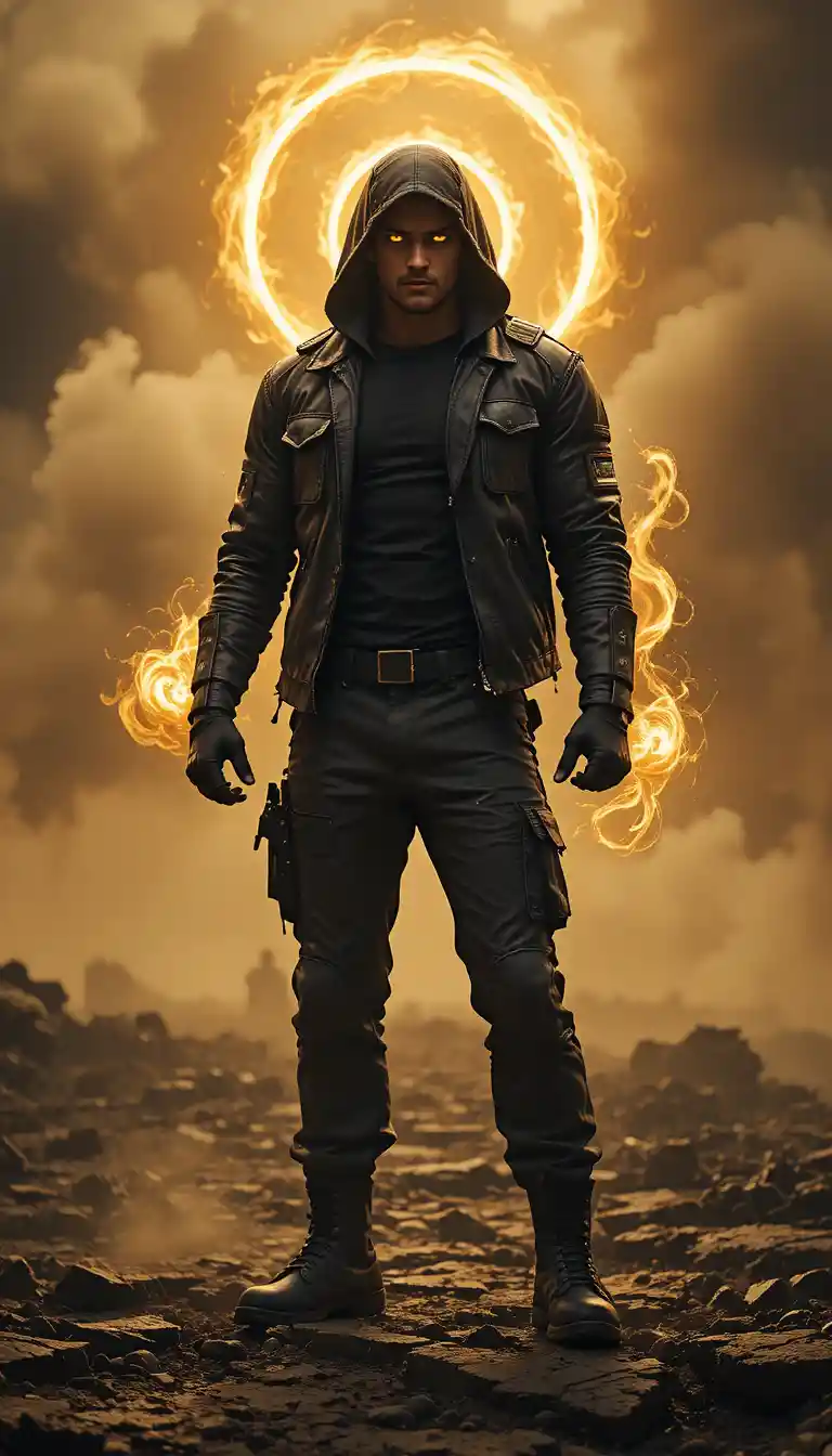 Dark anti hero superhero on a ruined battlefield