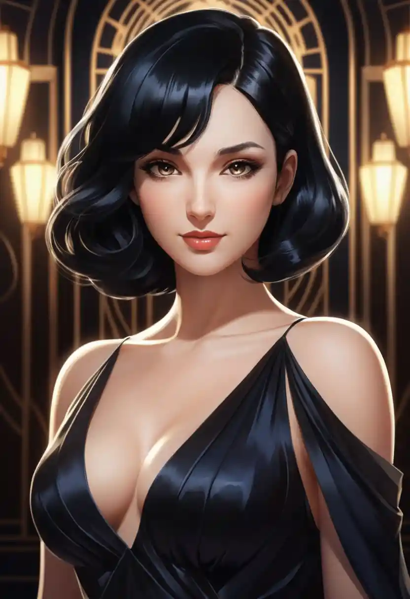 Curvy anime woman with black hair in art deco scene