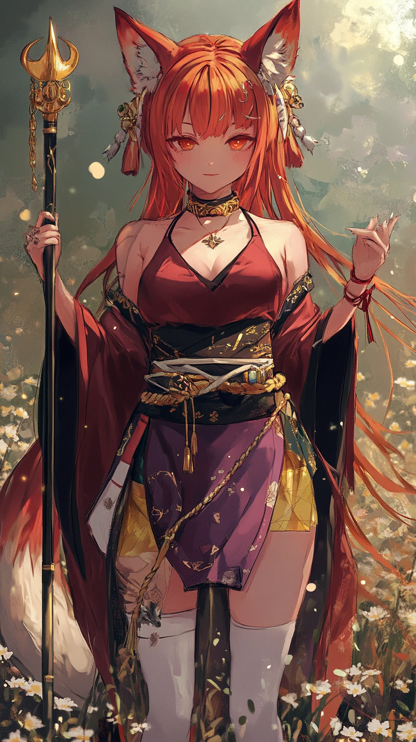 Anime girl in red blouse standing in a flower field