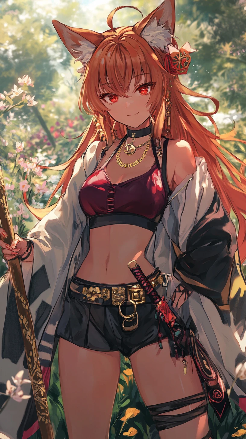 赤い服を着た金髪アニメ少女が花畑に立つイラスト