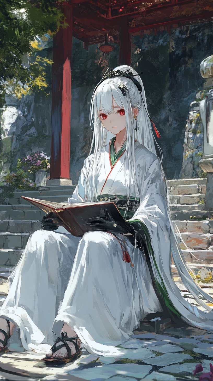 White haired girl in ceremonial robe at ancient temple courtyard