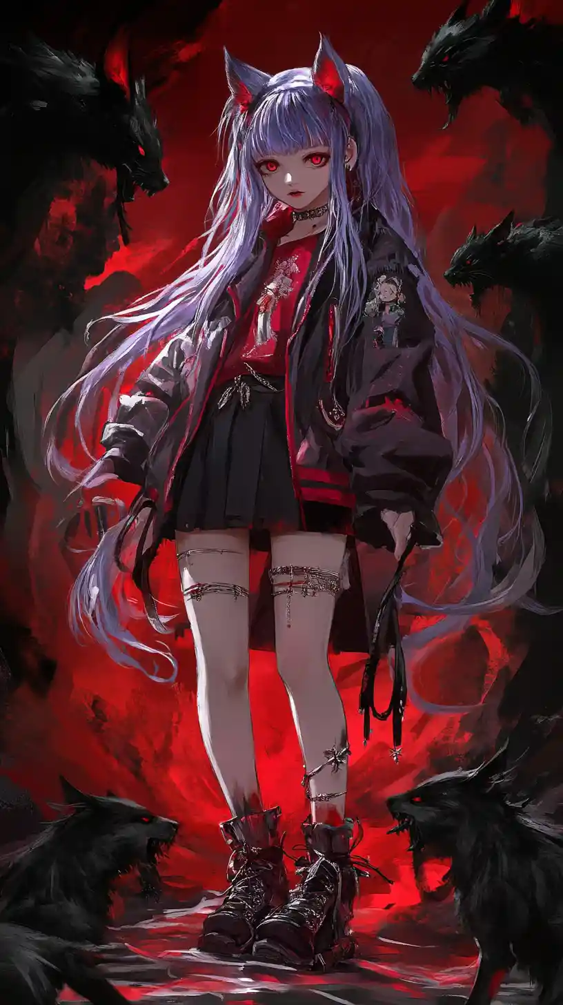 Anime girl with long purple hair on a fantasy cliff