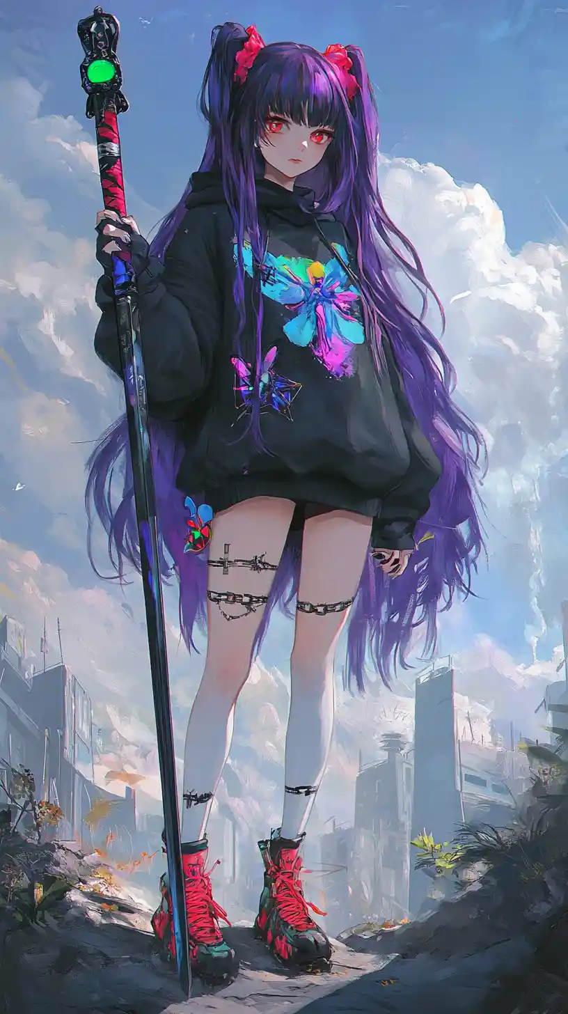Purple haired girl with sword above overgrown city