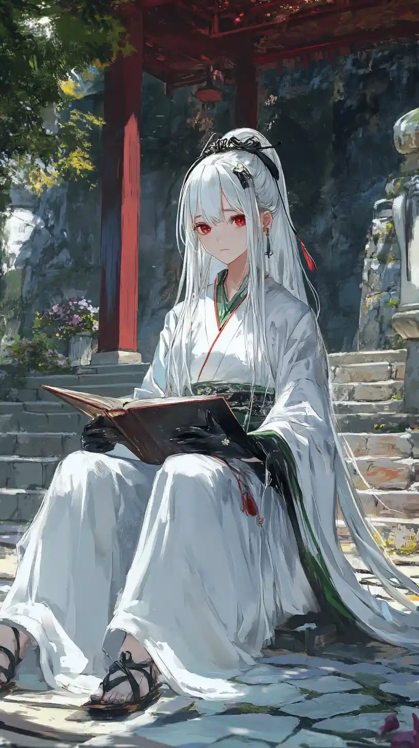 White haired girl in ceremonial robe at ancient temple courtyard