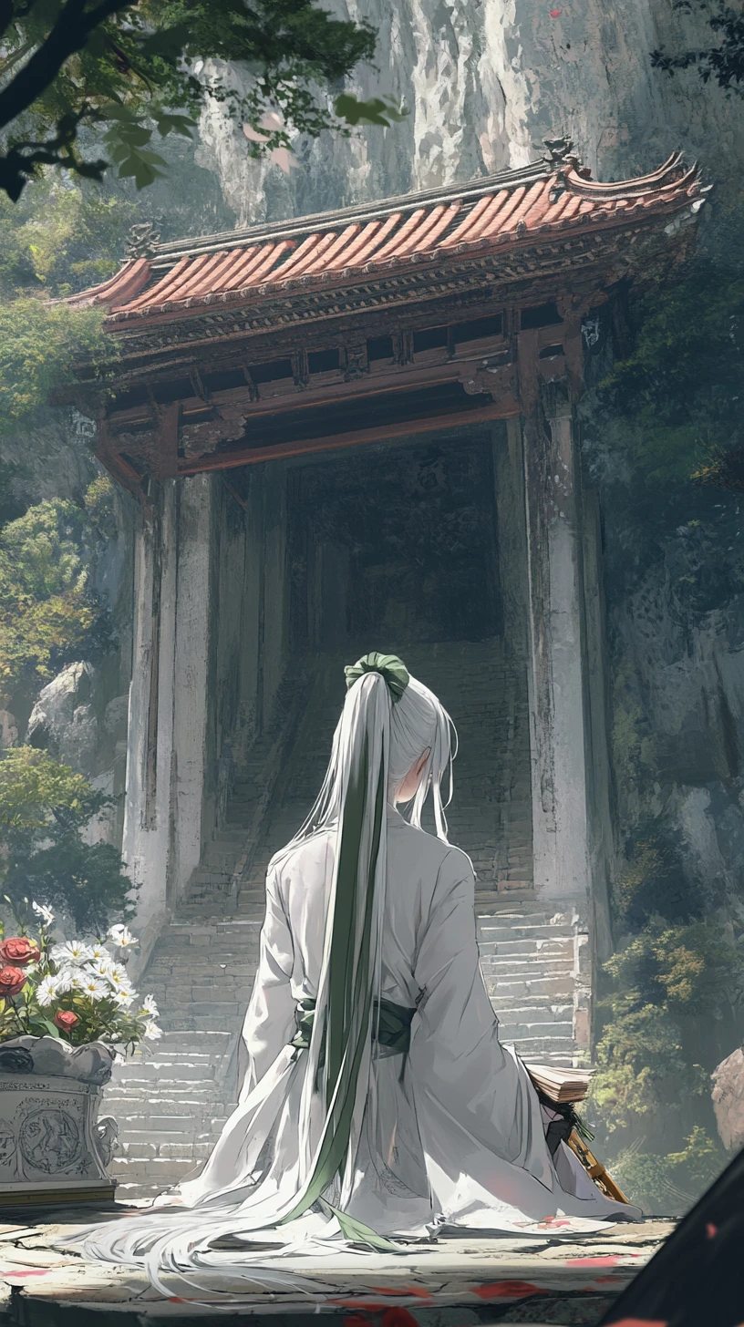 White haired anime girl in ceremonial robe at cliffside temple