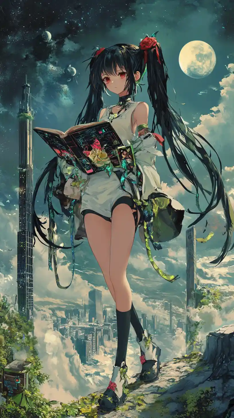 Anime girl reading a book in a flowing fantasy outfit