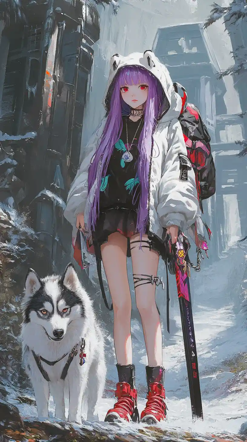 Anime girl with magic sword on a cliff above ruined city
