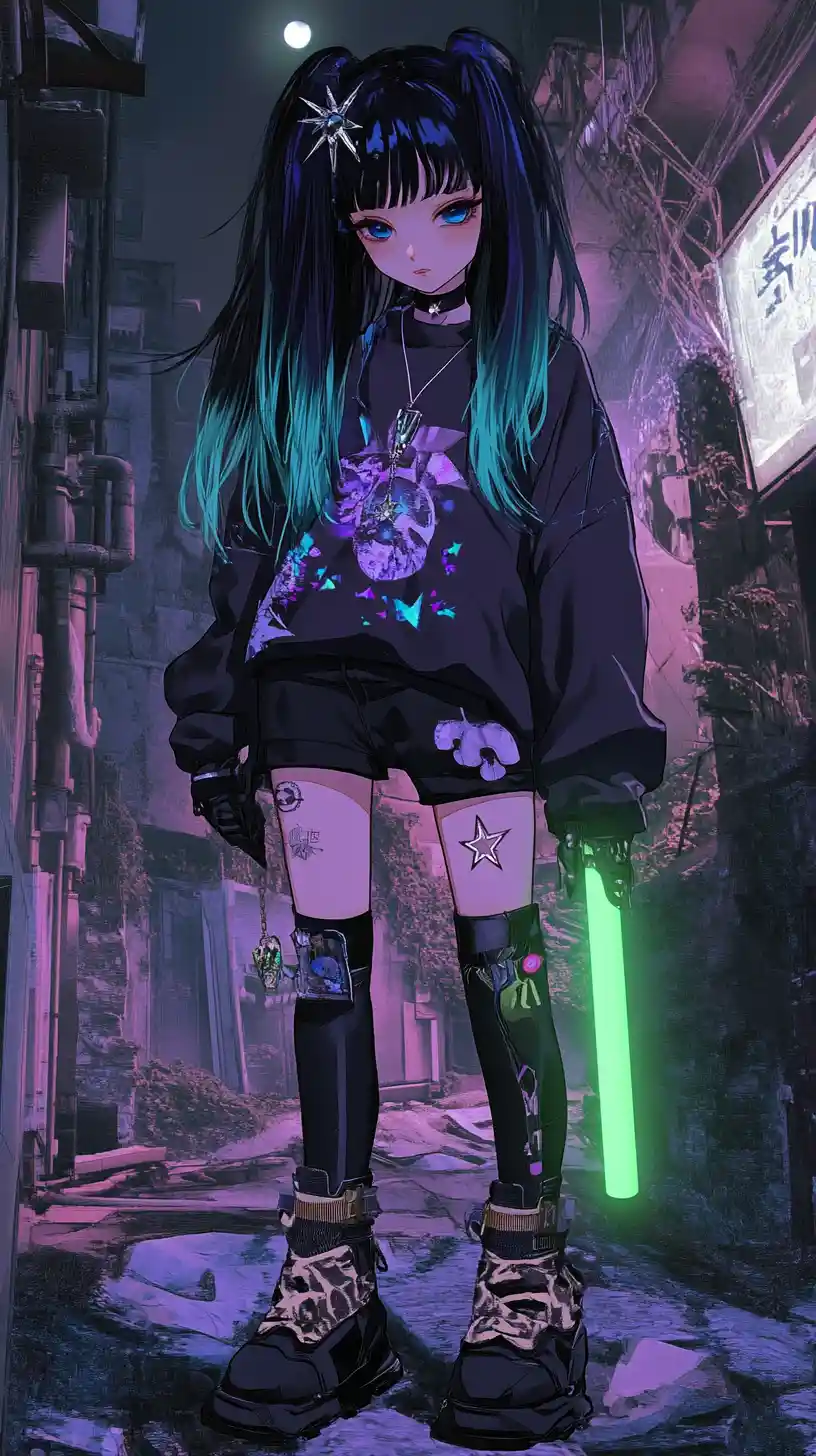 Purple haired girl with sword on cliff above overgrown city