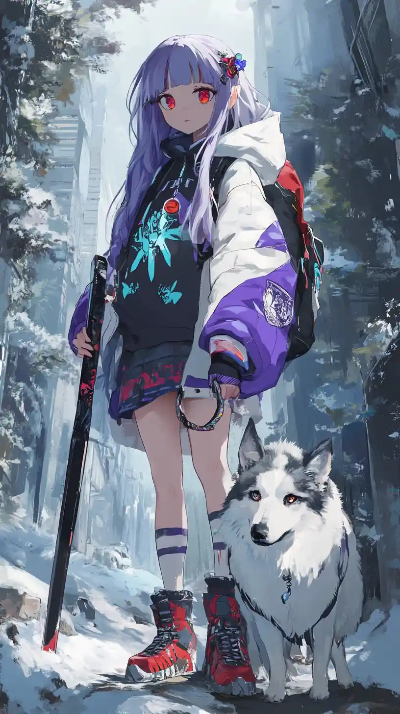 Anime girl with sword standing on a cliff city