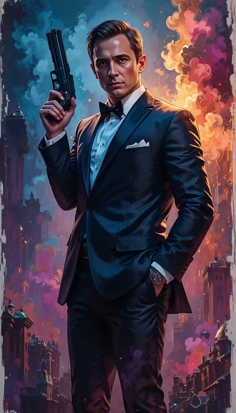 Spy in black tuxedo with gun against smoky glowing backdrop